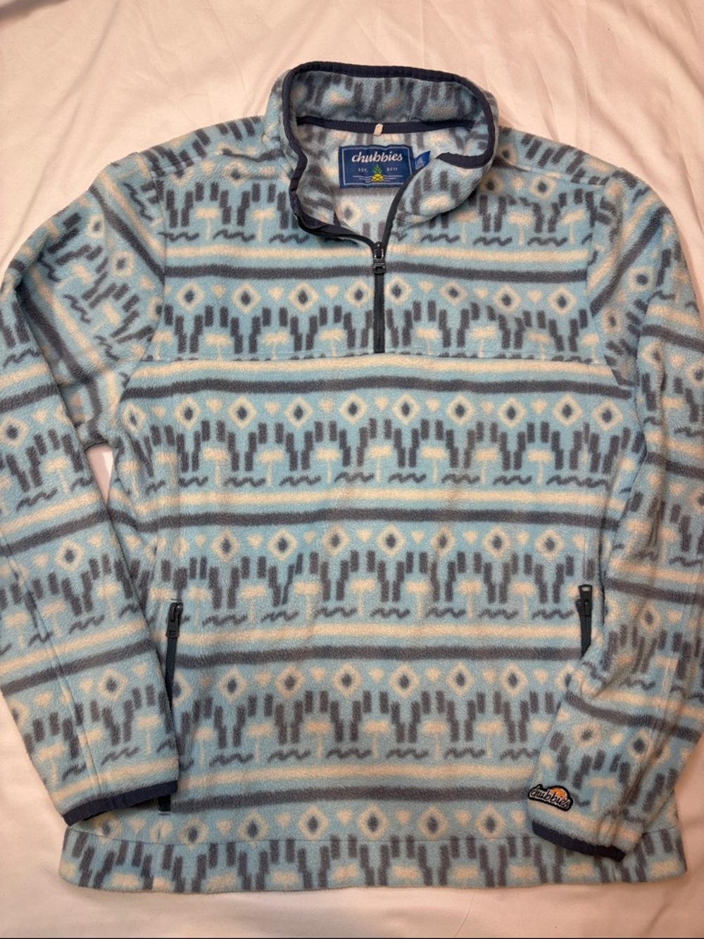 Chubbies Men's 1/4 Zip Ice Blue Aztec Tribal Print Fleece Pullover Sweatshirt